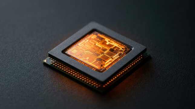 Generative ai investment concept featuring glowing microprocessor on dark technology surface with precision detail and futuristic appeal