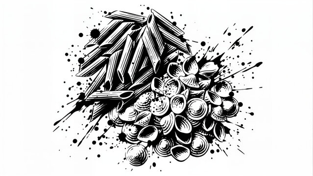 Italian Pasta Cuisine Penne Shells, Black ink splatter illustration with pasta shapes on white background