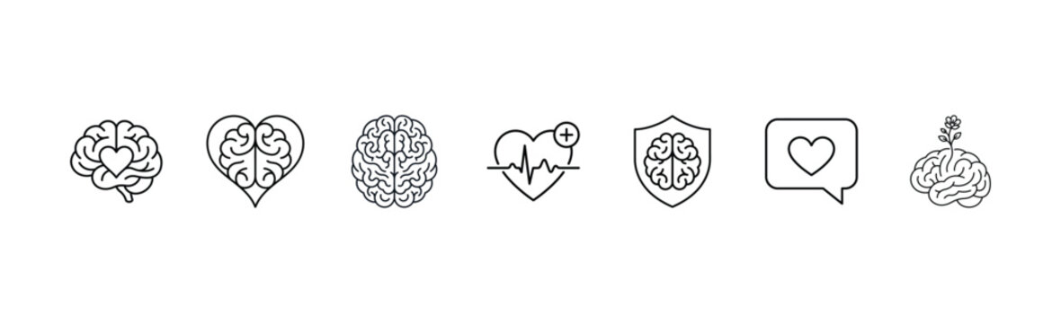 Mental Health and Brain Care Icon Set, Heart Brain, Healthy Mind, Medical Shield, Brain Health, Wellness and Psychology Outline Vector Collection