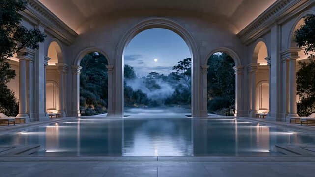 Elegant arched terrace overlooking misty mountains and water