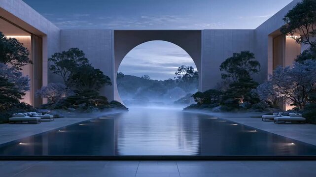 Modern architectural arch framing misty mountains and reflective water