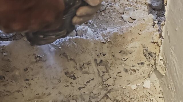 Extreme close-up shot of a worker operating a heavy-duty electric rotary hammer drill to chip away a thick concrete structure. High friction creates visible white smoke and airborne dust particles