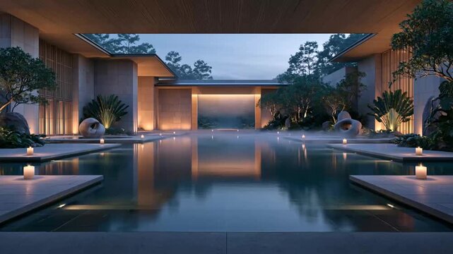 Modern luxury courtyard residence with reflective pool at dusk