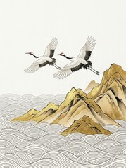 Obraz premium Traditional Japanese Style Illustration of Two Red-Crowned Cranes Flying Over Golden Mountains and Stylized Sea Waves