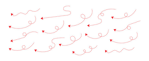 Dash line arrows set. Set of curved dotted line arrow. Hand drawn line doodle arrow, curve arrow icon vector set. Squiggly dotted arrow, vector dashed curved line arow set. © Mohammod