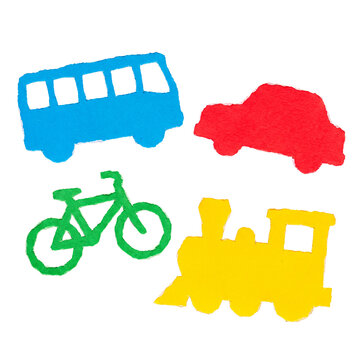 Colorful paper-cut children's transportation collection: bus, car, bicycle, and train.