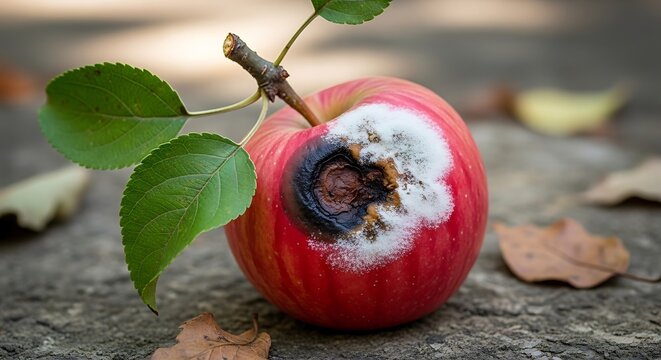 A single red apple with visible mold decay resting on a textured wooden surface