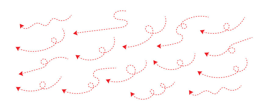 Dash line arrows set. Set of curved dotted line arrow. Hand drawn line doodle arrow, curve arrow icon vector set. Squiggly dotted arrow, vector dashed curved line arow set.