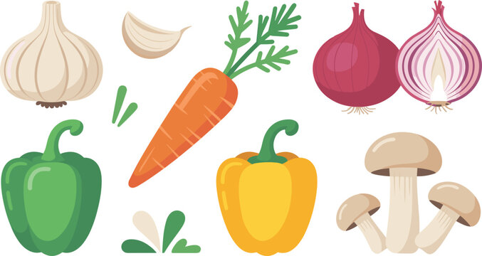 Fresh Vegetable Clipart Set with Garlic, Onion, Carrot, Bell Peppers, and Mushrooms for Healthy Cooking, Organic Food, and Vector Designs