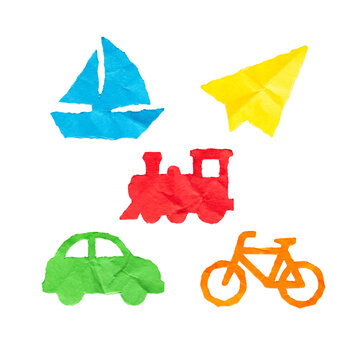 Creative collection of colorful crumpled paper transportation cutouts isolated for designs.