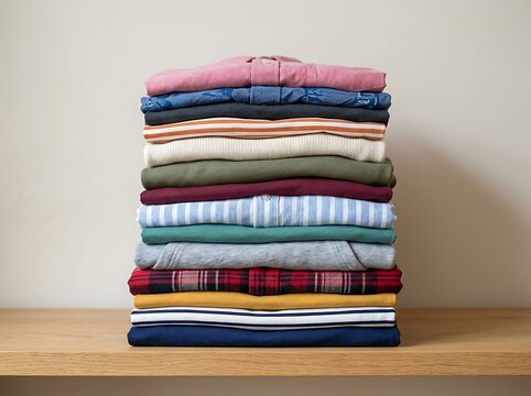 Stack of folded colorful shirts on a wooden shelf