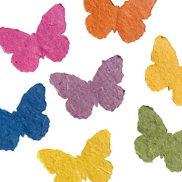 Beautiful collection of colorful paper butterflies. Seven artistic textured forms isolated on transparent background.