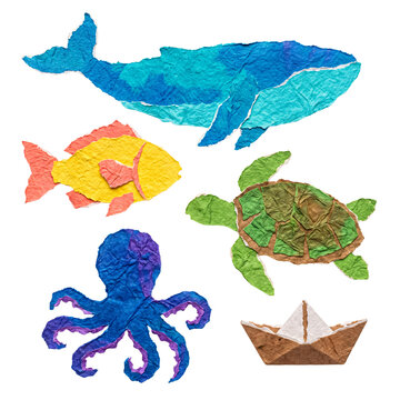 Whimsical collection of ocean creatures crafted from vibrant crumpled paper, featuring a whale, octopus, turtle, fish.