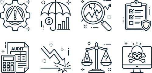 Fototapeta premium Financial Risk Management and Business Audit Line Icon Set with Market Crash Economic Protection Cyber Security Threat and Compliance Vectors
