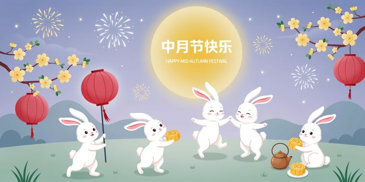 Mid autumn festival illustration with cute rabbits