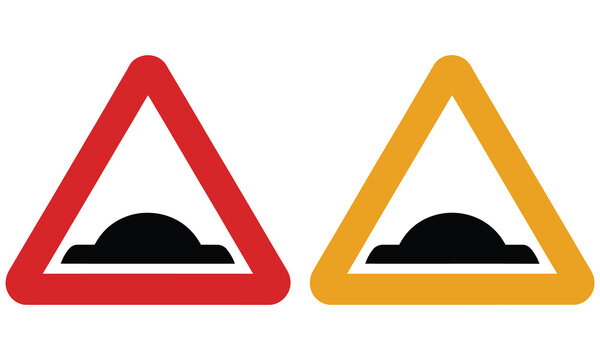 warning speed bump road sign in red and yellow triangular shape, traffic safety symbol, driving caution warning, highway road regulation, automotive transportation sign, street hazard alert.

