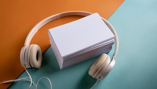 Wireless headphones coiled beside a stack of blank index cards