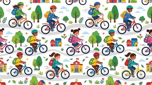 Seamless pattern of school kids riding bicycles to school