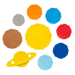 Colorful paper cutouts of sun, planets, and Saturn, representing the solar system elements. © Samantha