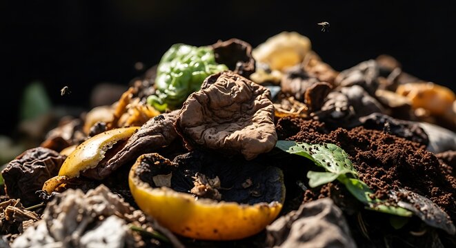 Close up view of organic compost pile with decomposing kitchen and garden waste