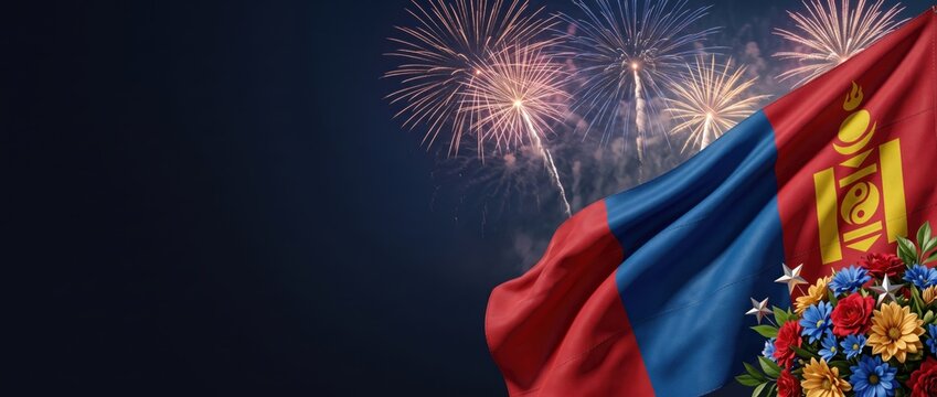 Waving flag of mongolia with soyombo symbol, bright fireworks display in the night sky, and colorful floral bouquet arrangement in the corner