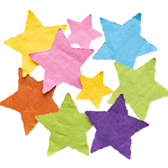 An artistic arrangement of vibrant, textured paper stars forming a heart shape. © Terri