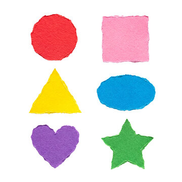 Six vibrant torn paper geometric shapes: circle, square, triangle, oval, heart, star, in a clear grid layout.