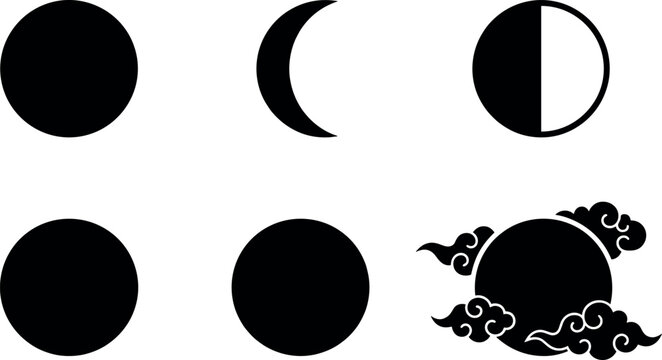 Moon phases vector icon collection featuring full moon crescent half moon cycle and traditional oriental decorative clouds design elements