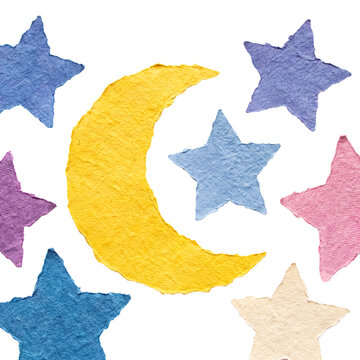 Textured yellow cut paper crescent moon surrounded by an assortment of colorful stars on transparent background.