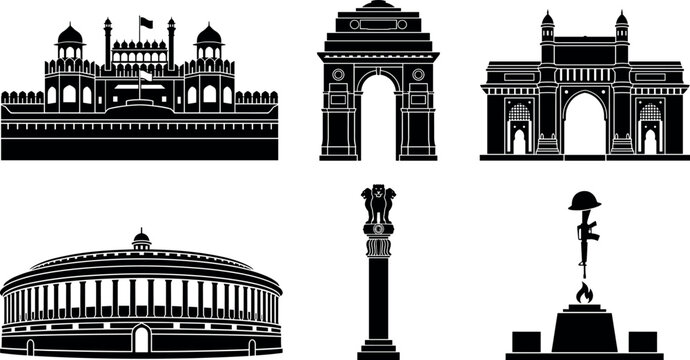 India famous landmarks and national monuments black silhouette icons set with Red Fort India Gate Gateway of India Parliament Ashoka pillar Amar Jawan Jyoti vector illustration collection