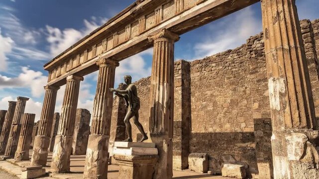 Pompeii, Italy. Ancient Roman archaeological ruins, columns and statue in the historic city. Time lapse video.