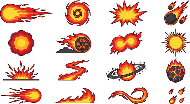 Cartoon Fireball and Explosion Effect Collection Featuring Meteors, Flame Bursts, Burning Comets, Energy Blasts, and Game Animation Vector Elements