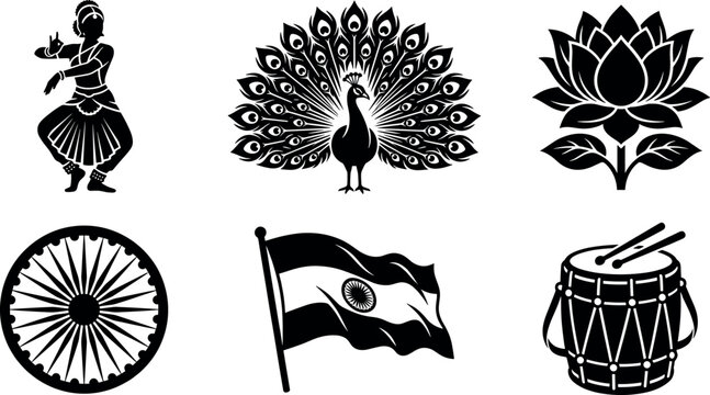 India national symbols and cultural heritage black silhouette icons set with dancer peacock lotus ashoka chakra flag dhol drum vector