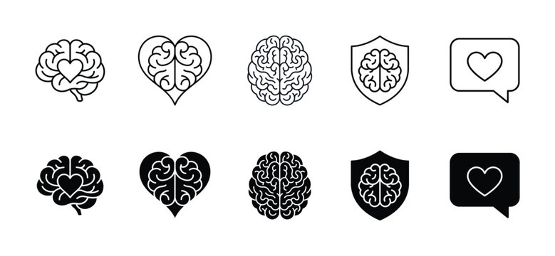 Mental Health Brain and Heart Linear Glyph Icon Set, Wellness, Psychology, Protection and Emotional Support Vector Illustration