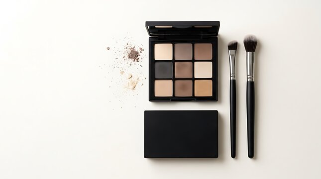 Eyeshadow palette with makeup brushes and scattered powder for professional beauty and cosmetic care. easy eyeshadow looks