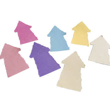 Assorted torn paper house shapes in soft pastel colors, charming design elements for a variety of creative projects.