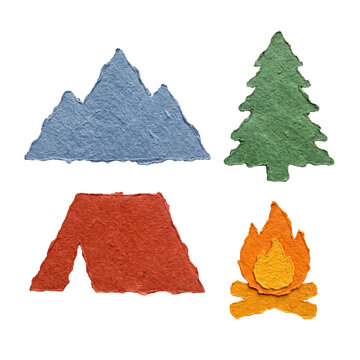 Set of ripped paper craft elements for camping, featuring a tent, mountain, pine tree, and cozy campfire on transparent.