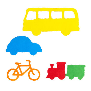 Clean paper-cut transportation set: bus, car, bicycle, and train in vibrant colors.
