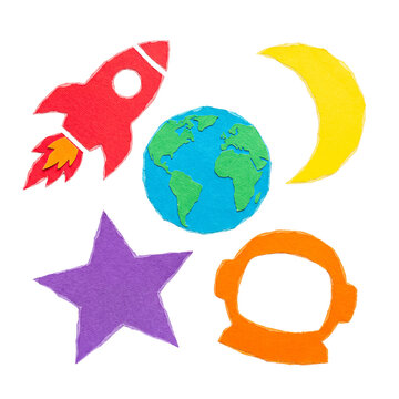 Colorful paper cutouts of a rocket, Earth, moon, star, and astronaut helmet for space exploration.