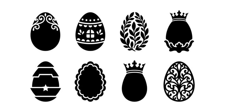 Decorative Easter Egg Black Silhouette Collection with Ornamental Floral Vector Designs
