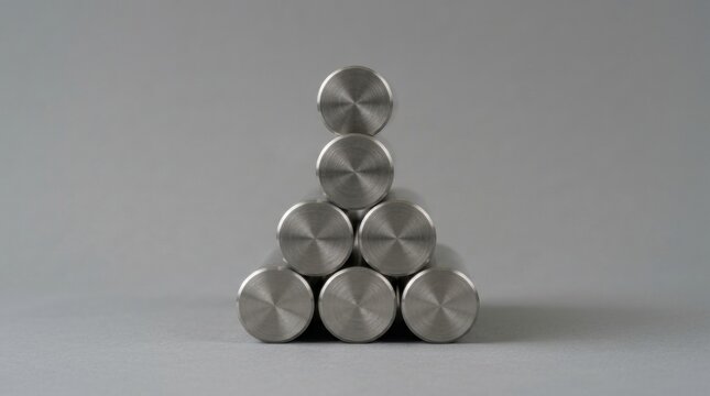 Stack of polished platinum metal cylinders arranged in a pyramid shape.
