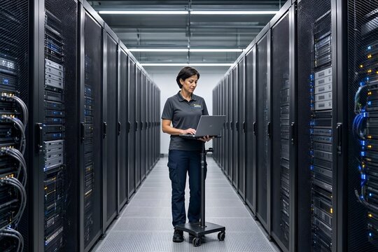 A Large Modern Data Center Environment with Rows of Server Racks and an IT Engineer or Technician Working on a laptop. Analyzing Configuring Directly in Room Cloud Computing AI Infrastructure