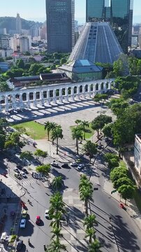 Lapa Bows In Rio De Janeiro Brazil. Amazing Skysrapers And Traffic On Street Viewed From Above. Cities Of The World Landscape. Downtown Cityscape. Rio de Janeiro Brazil.