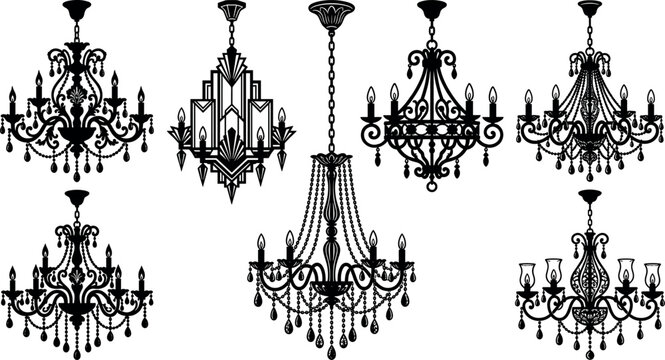 Luxury vintage chandelier vector silhouette collection featuring ornate baroque crystal pendants art deco geometric frames and classic ceiling light fixtures