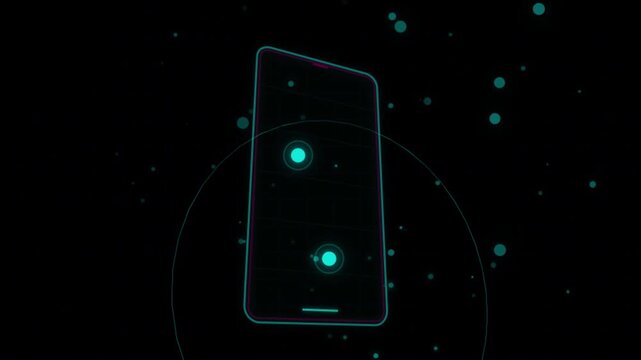 Futuristic neon smartphone outline animation, glowing cyan 3D mobile wireframe UI touch screen loop 4k