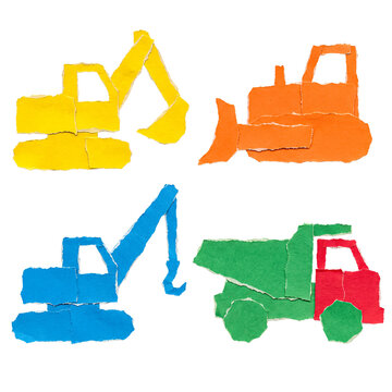 Colorful paper collage construction vehicles with torn edges: excavator, bulldozer, crane, dump truck.