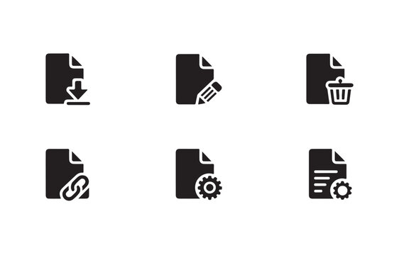 Solid document file icons with download and edit and delete and link and settings modifier symbols.