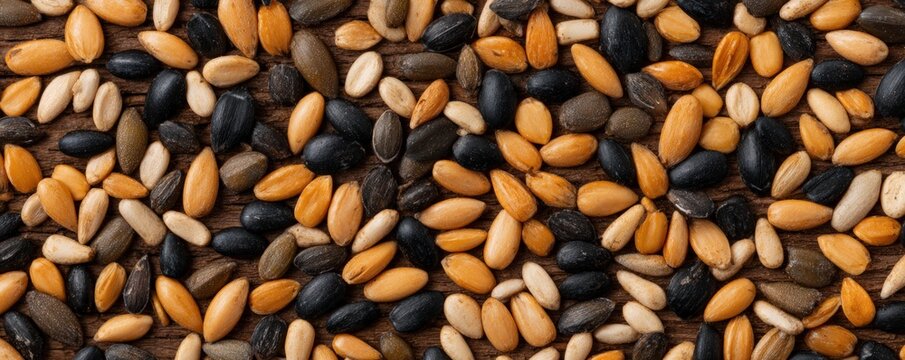 Raw sunflower seeds scattered on dark wooden surface representing healthy eating and natural nutrition for clean diet and culinary ingredient concepts