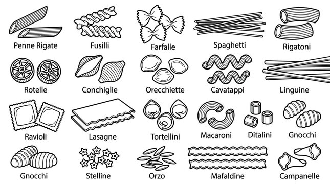 A collection of various types of Italian pasta shapes, presented in a clean, black and white illustration.