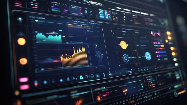 Futuristic digital dashboard displaying real time data analytics metrics in dark virtual interface environment with neon interface elements dark background